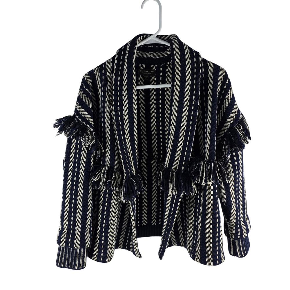 Burberry Navy Wool Cashmere Fringe Chevron Cardigan Sweater Italy Womens M